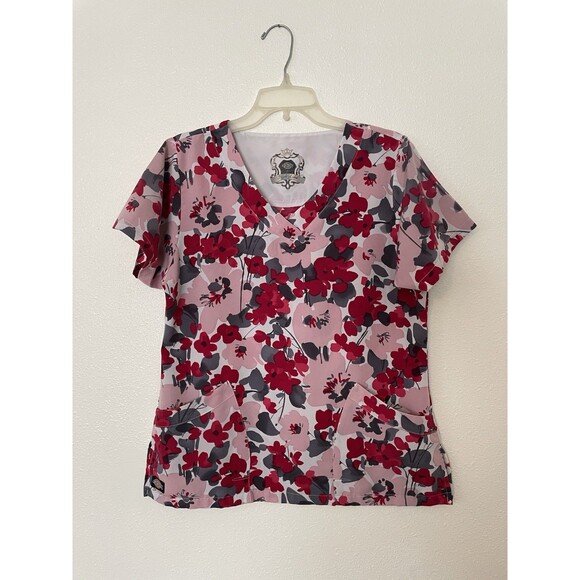 Dickies Black Label Women's Sz Small Soft Pink Brown Vines Scrub Top -Chest 38" - Picture 1 of 4